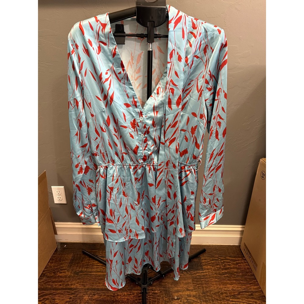 In The Style Blue Red Leaf Print Satin Mini Dress Long Sleeve V-Neck Size 18